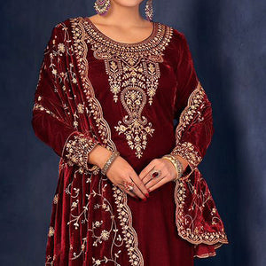 Maroon Floral Sequins Embroidered Velvet Semi Stitched Suit