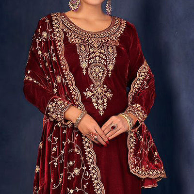 Maroon Floral Sequins Embroidered Velvet Semi Stitched Suit