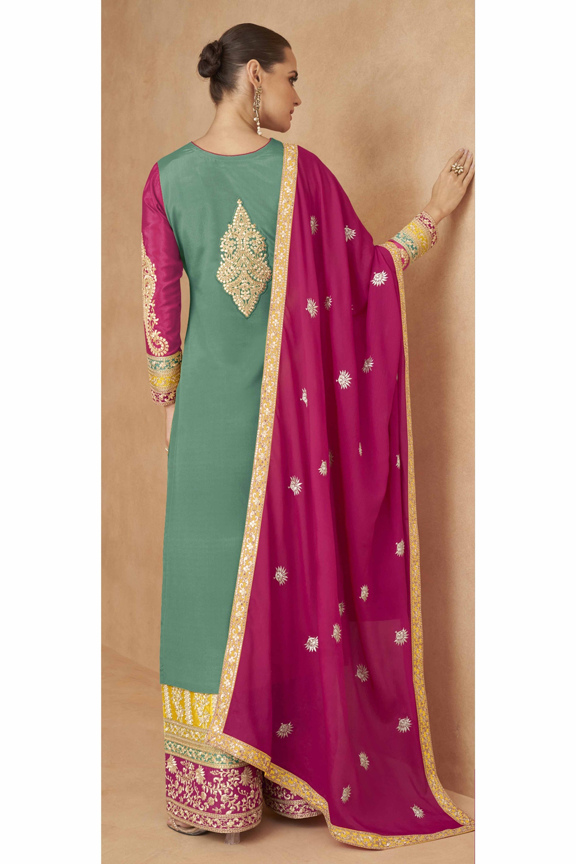 green-embroidered-sequins-work-chinon-semi-stitched-salwar-suit