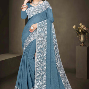 Bluyish Grey Floral Embroidery With Stonework Chiffon Shimmer Saree