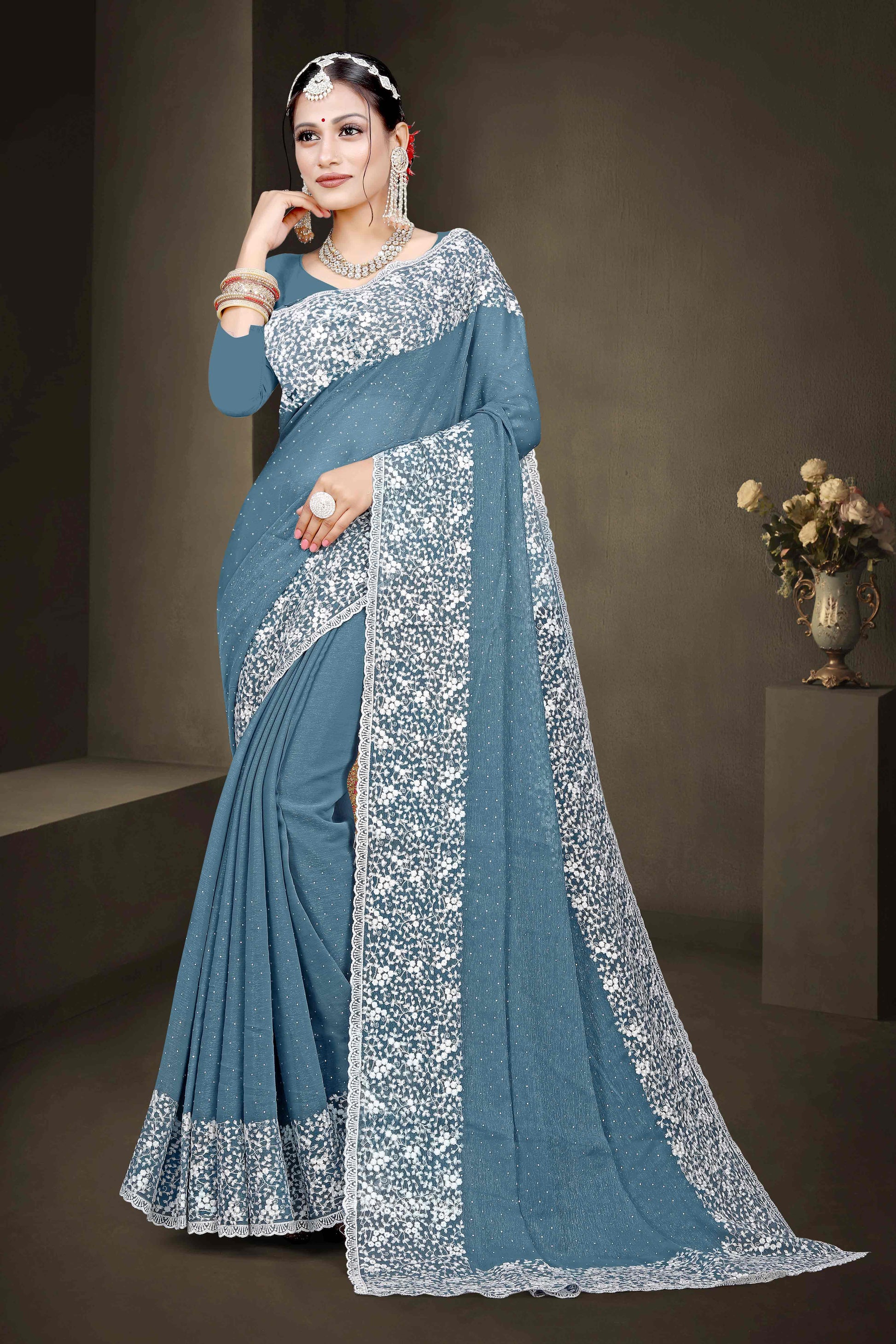 Bluyish Grey Floral Embroidery With Stonework Chiffon Shimmer Saree