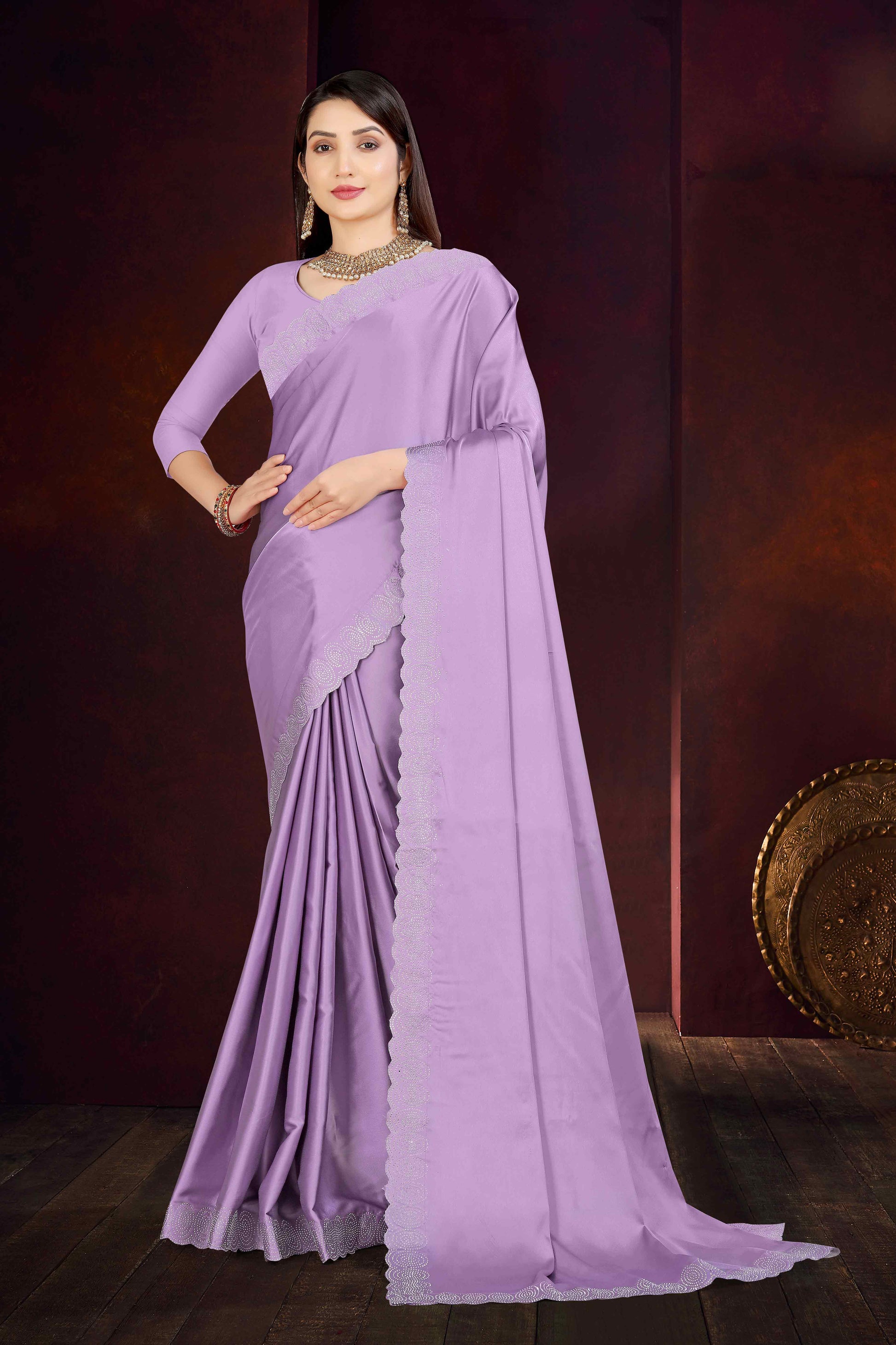 Lavender Solid With Swarovski Work Satin Saree