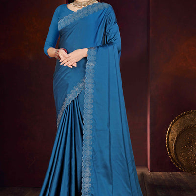 Blue Solid With Swarovski Work Satin Saree