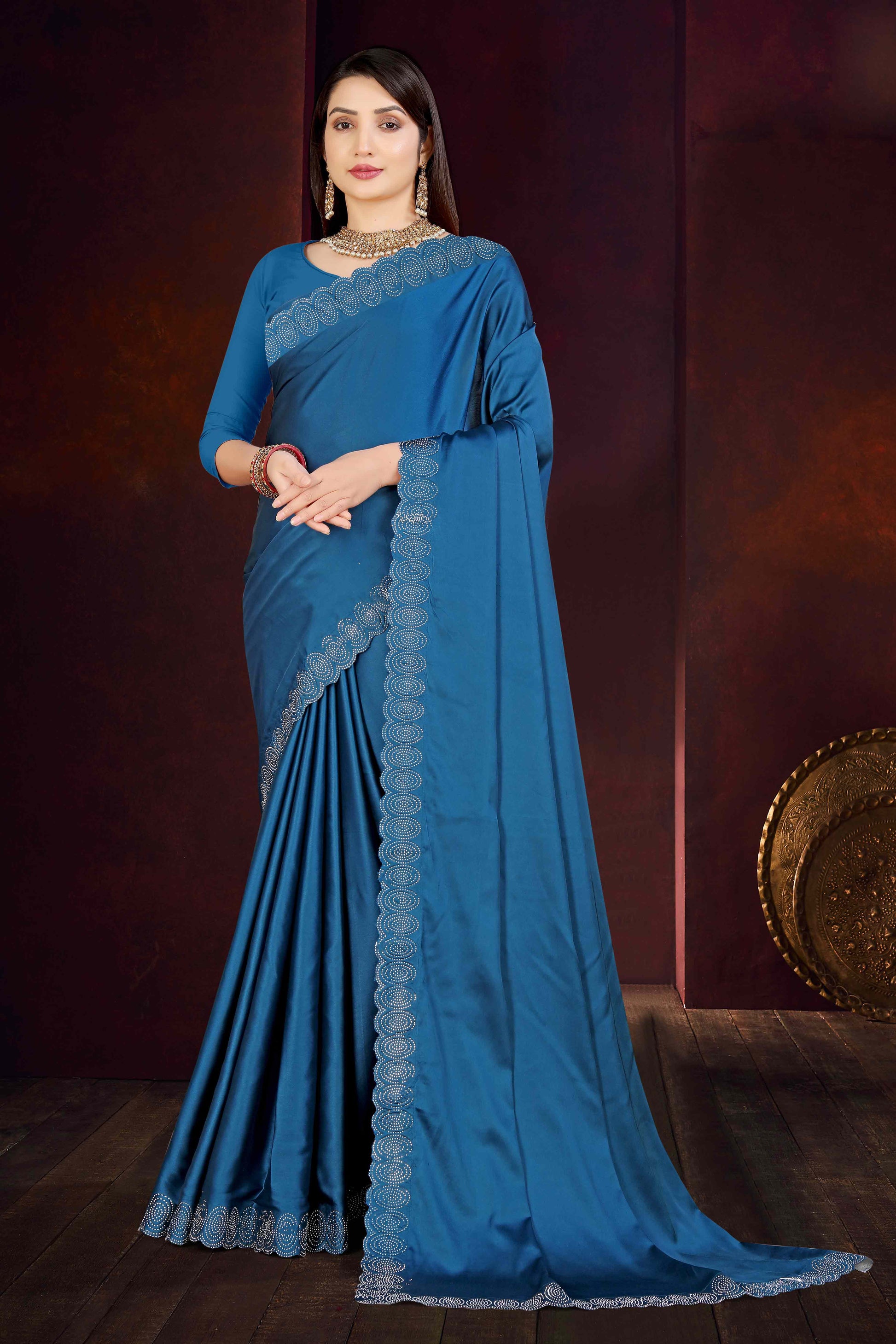 Blue Solid With Swarovski Work Satin Saree