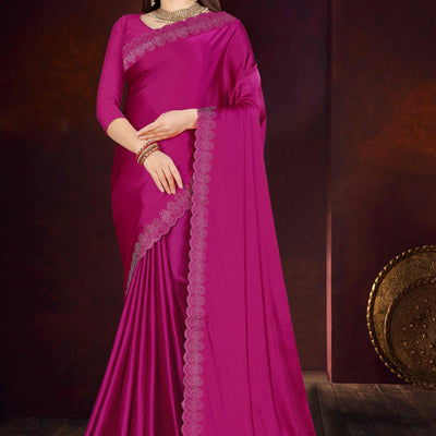 Magenta Solid With Swarovski Work Satin Saree