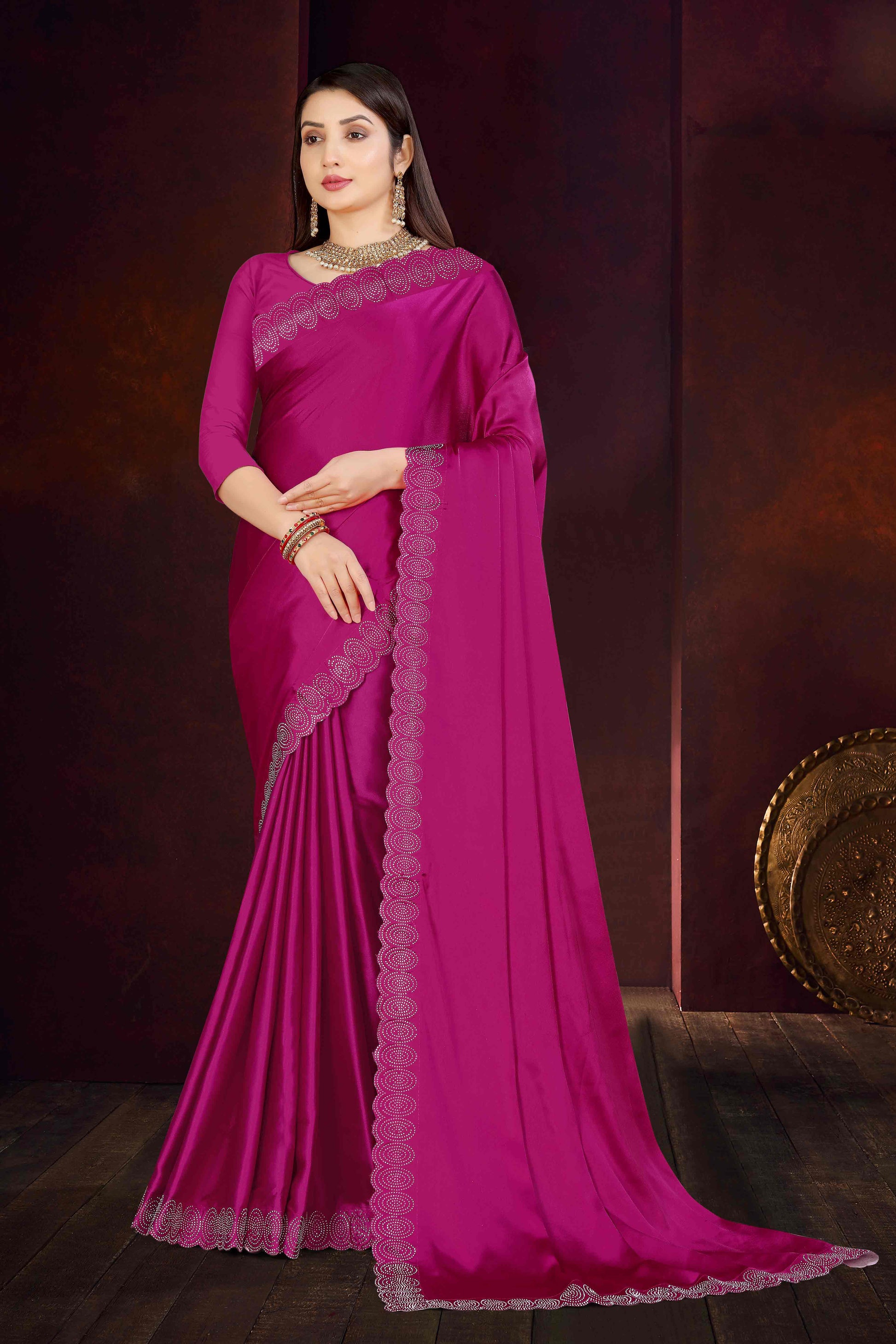 Magenta Solid With Swarovski Work Satin Saree