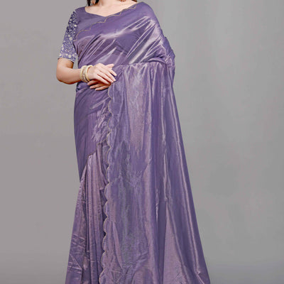 Lavender Solid Net Saree With Zari Border
