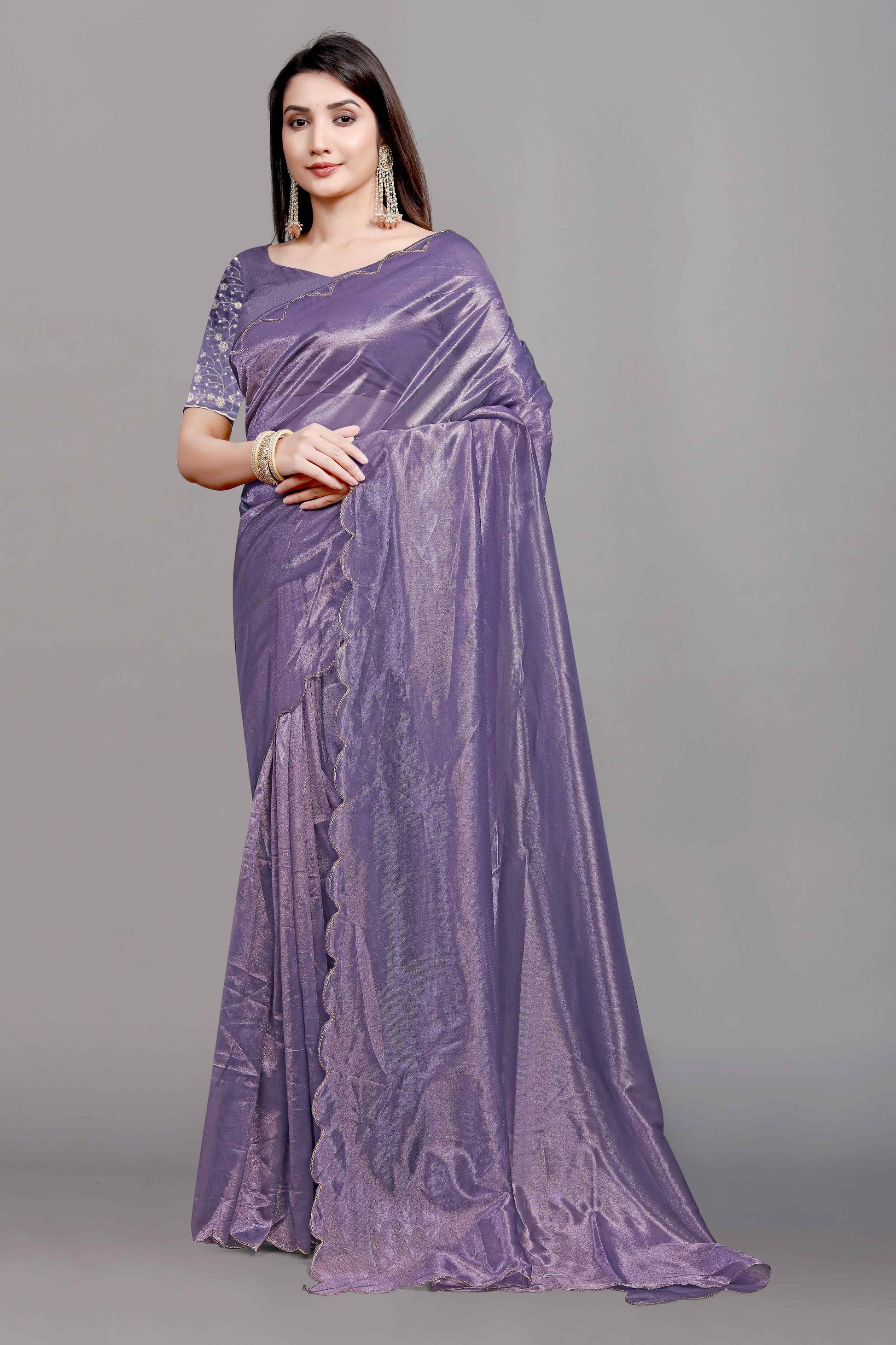 Lavender Solid Net Saree With Zari Border
