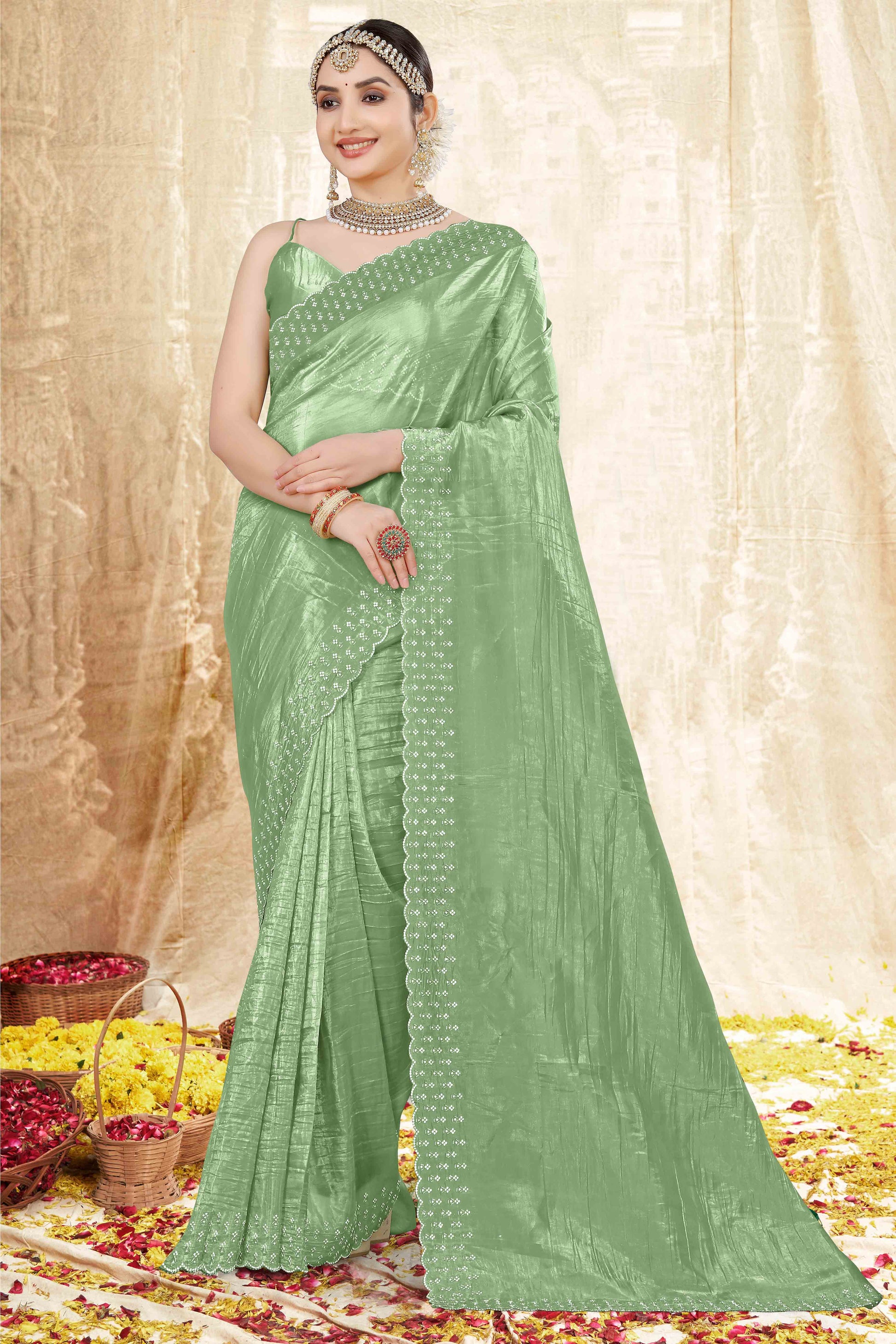 green-zarkan-diamond-work-tissue-gold-crush-saree