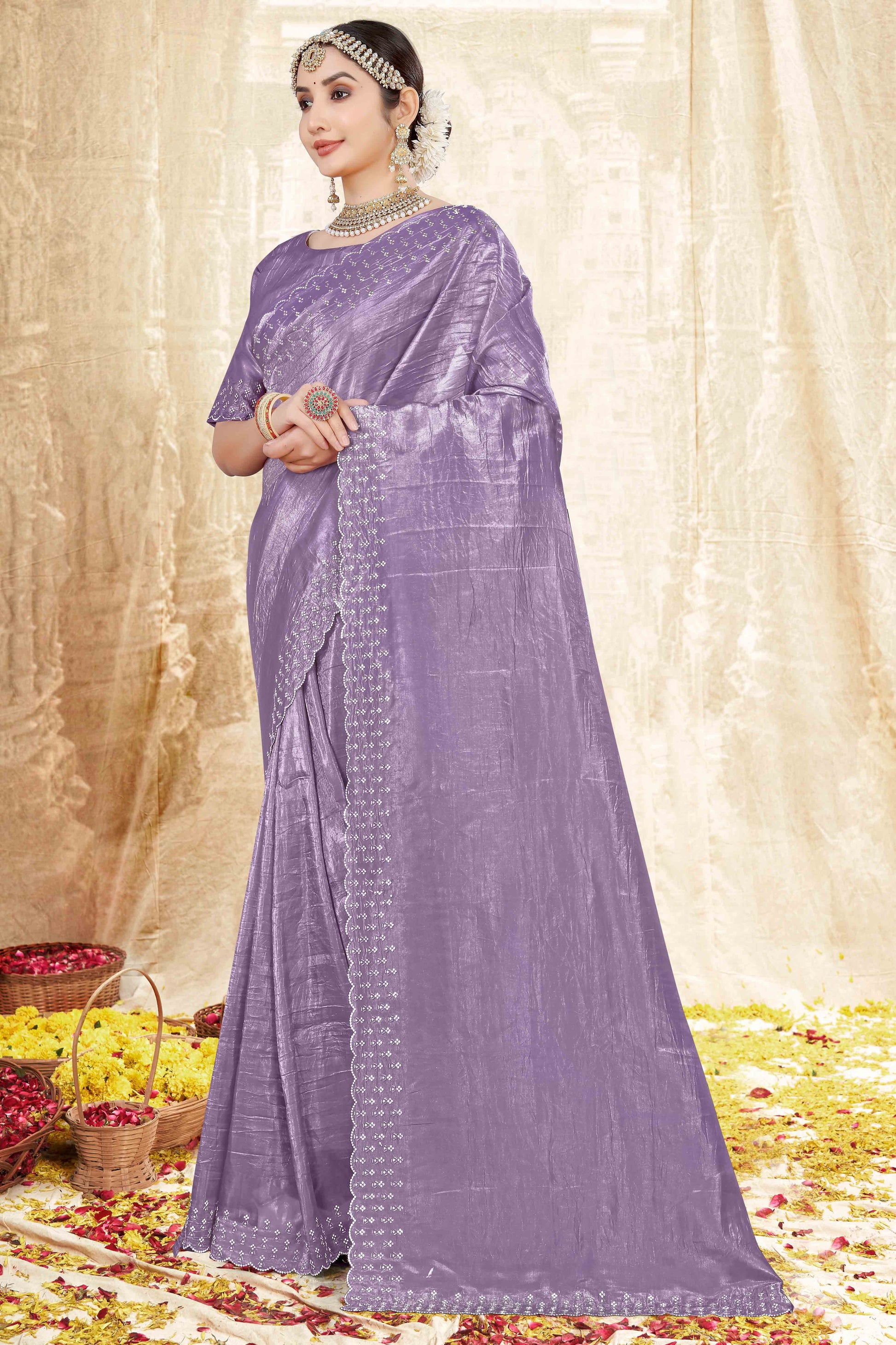 Lavender Zarkan Diamond Work Tissue Gold Crush Saree