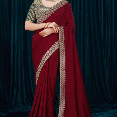 Maroon Solid With Zari Embroidered Vichitra Silk Saree