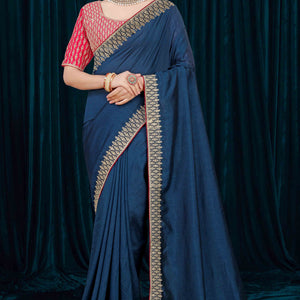 Blue Solid With Zari Embroidered Vichitra Silk Saree