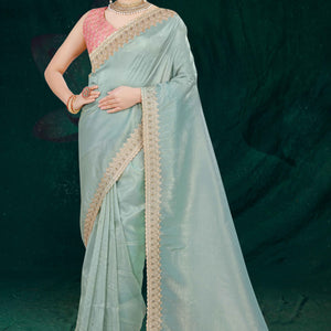 Blue Solid With Swarovski Work Tissue Gold Crush Saree