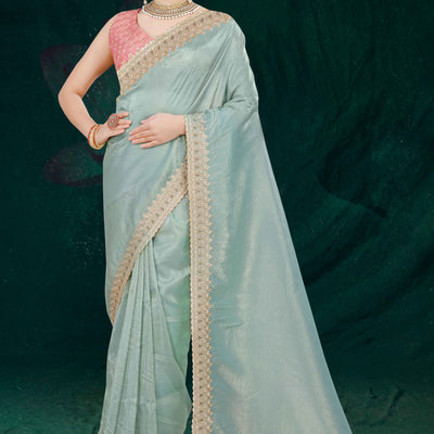 Blue Solid With Swarovski Work Tissue Gold Crush Saree