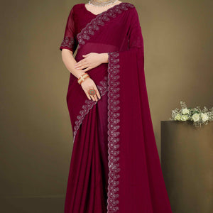 Maroon Solid With Swarovski Work Chiffon Saree