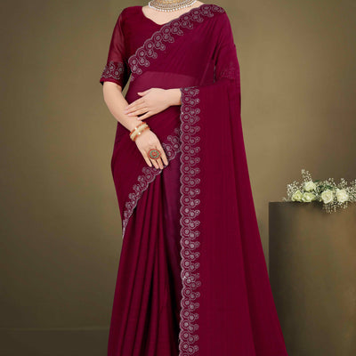 Maroon Solid With Swarovski Work Chiffon Saree
