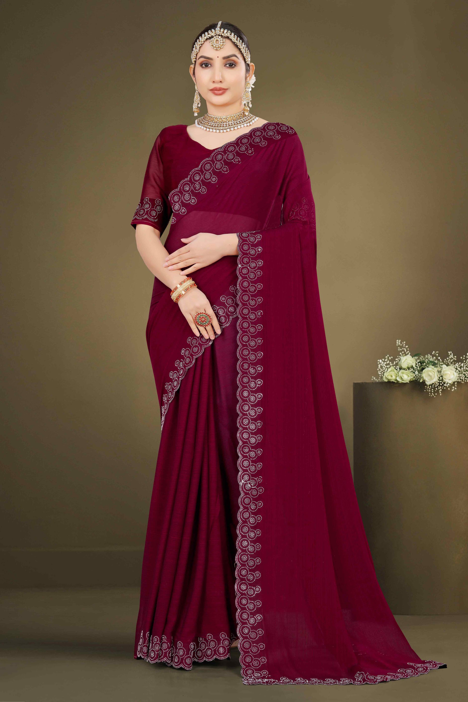 Maroon Solid With Swarovski Work Chiffon Saree