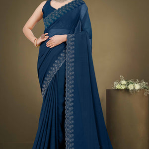 Blue Solid With Swarovski Work Chiffon Saree