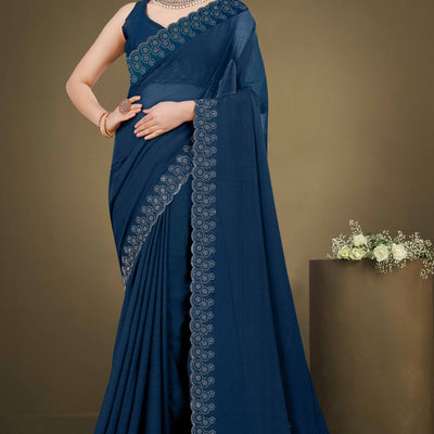 Blue Solid With Swarovski Work Chiffon Saree