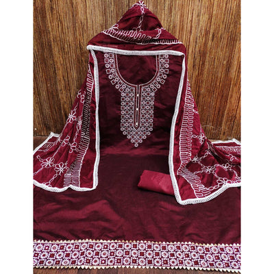 Maroon Floral Embroidered Chanderi Dress Material