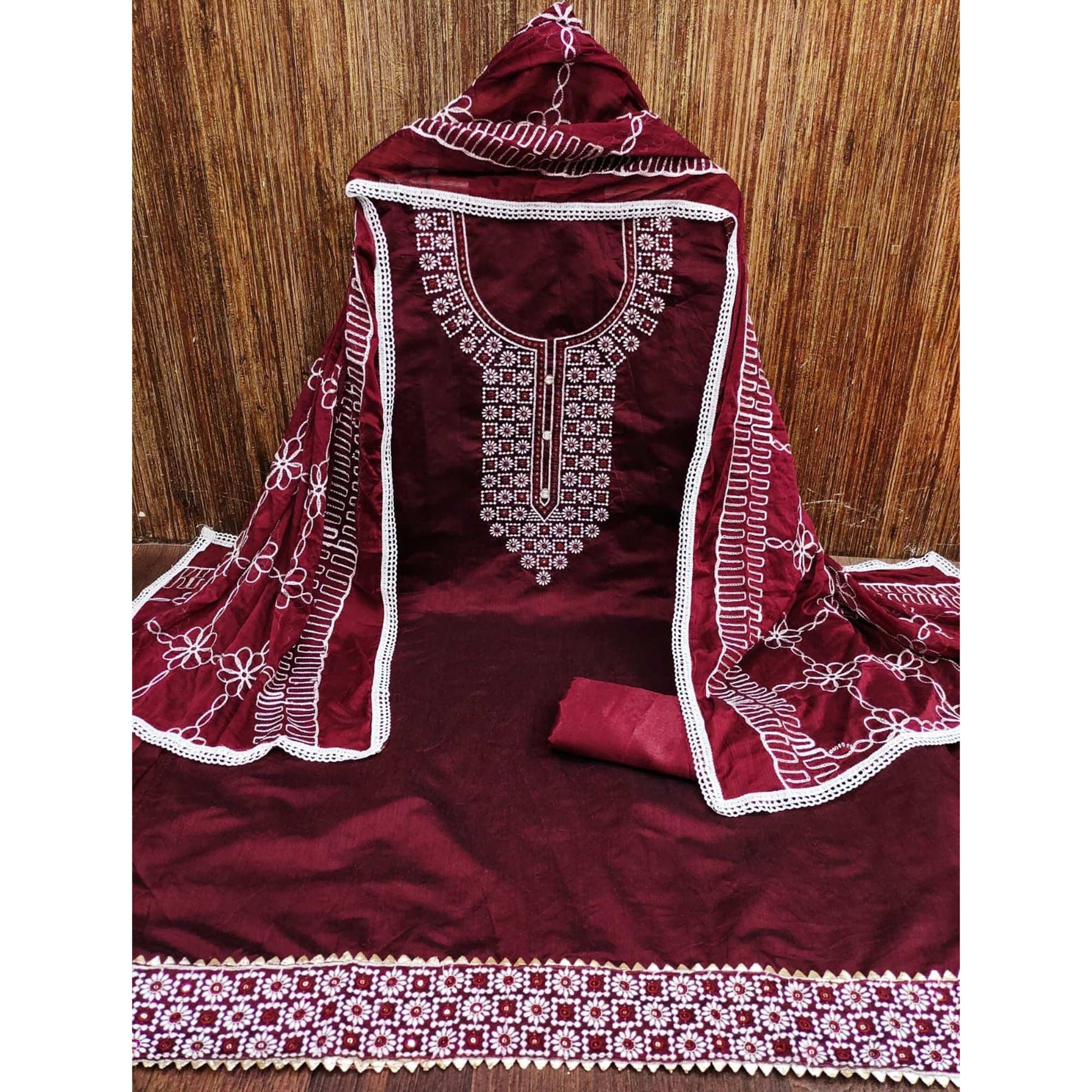 Maroon Floral Embroidered Chanderi Dress Material