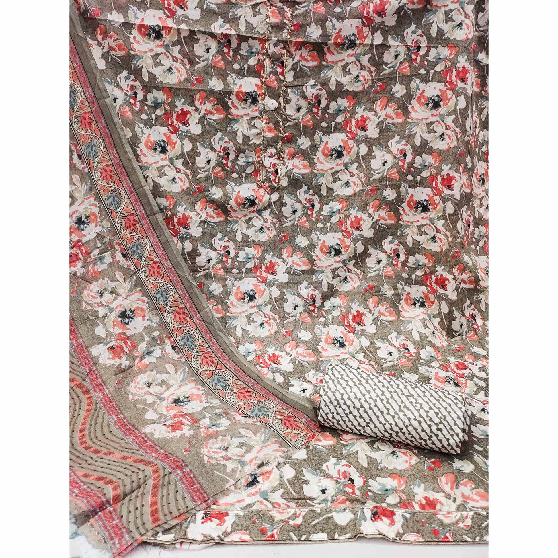 Brown Floral Printed Pure Cotton Dress Material