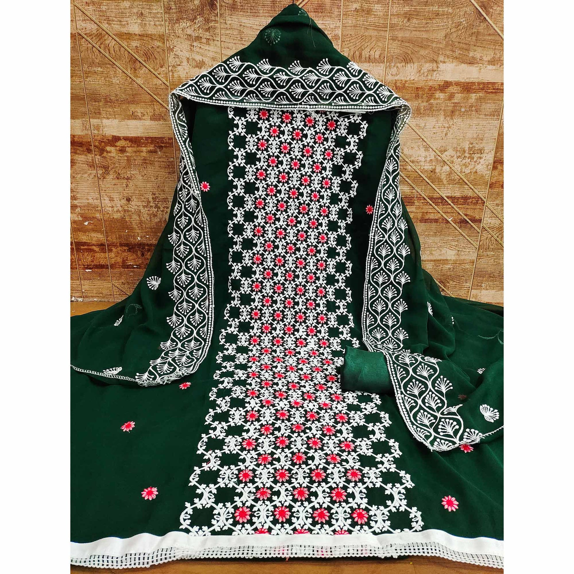 Bottle Green Embroidered Georgette Dress Material