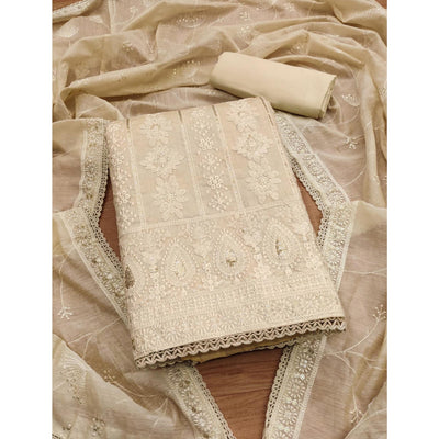 Cream Sequins Embroidered Chanderi Silk Dress Material