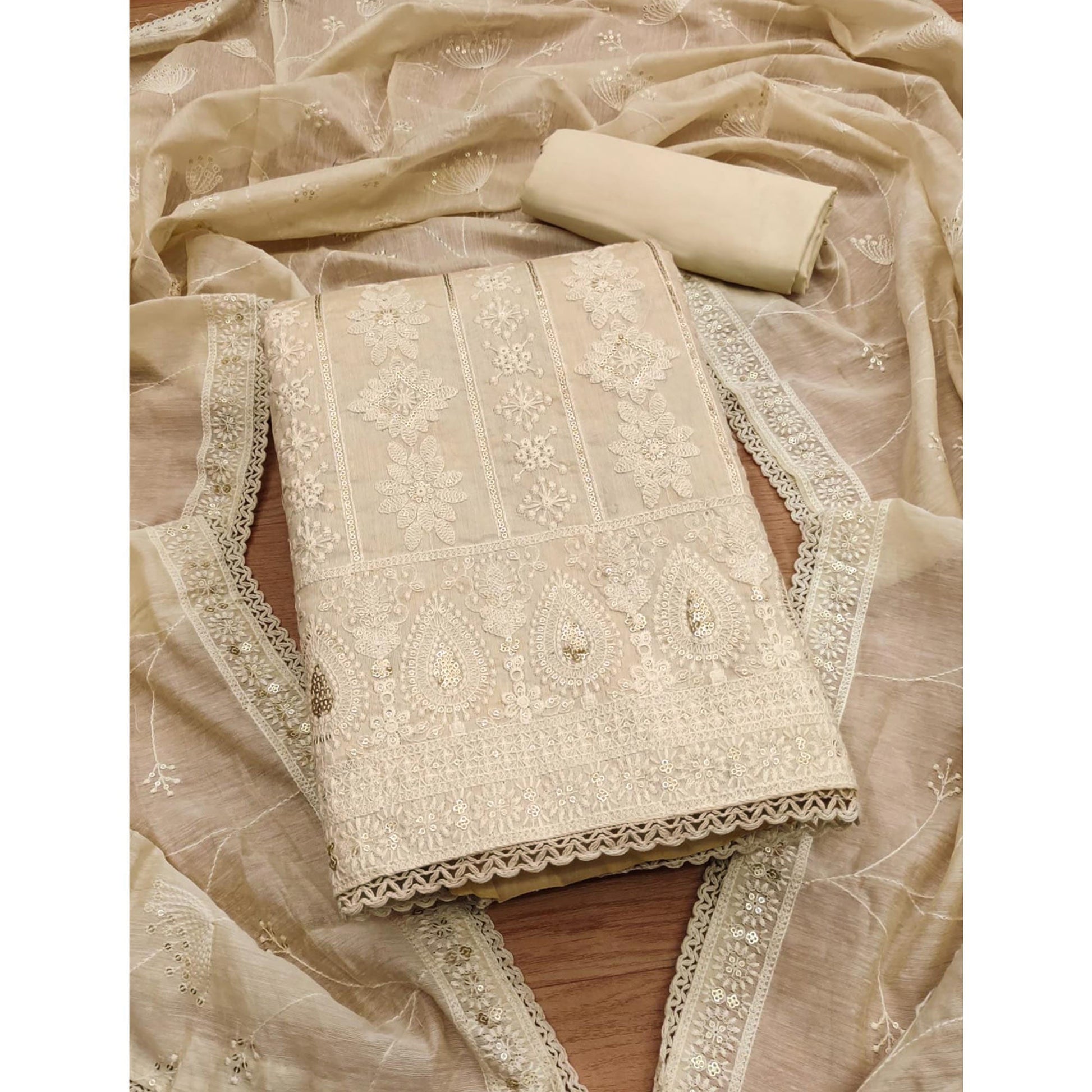 Cream Sequins Embroidered Chanderi Silk Dress Material