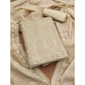 Cream Sequins Embroidered Chanderi Silk Dress Material