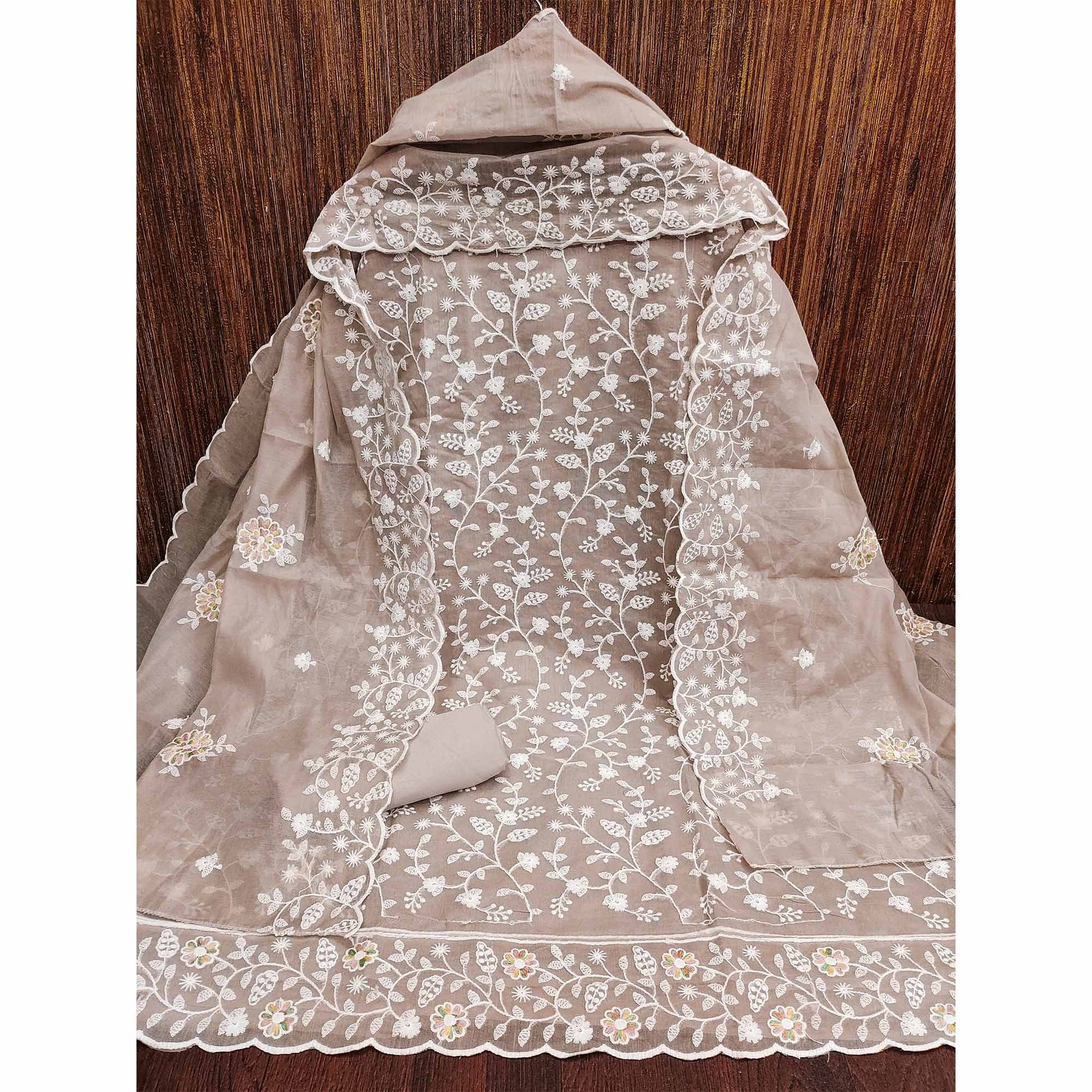 Brown Floral Embroidered Chanderi Dress Material