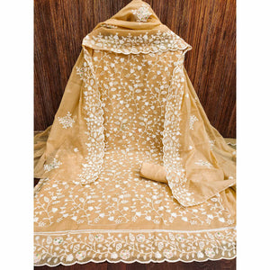 Chikoo Floral Embroidered Chanderi Dress Material