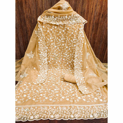 Chikoo Floral Embroidered Chanderi Dress Material