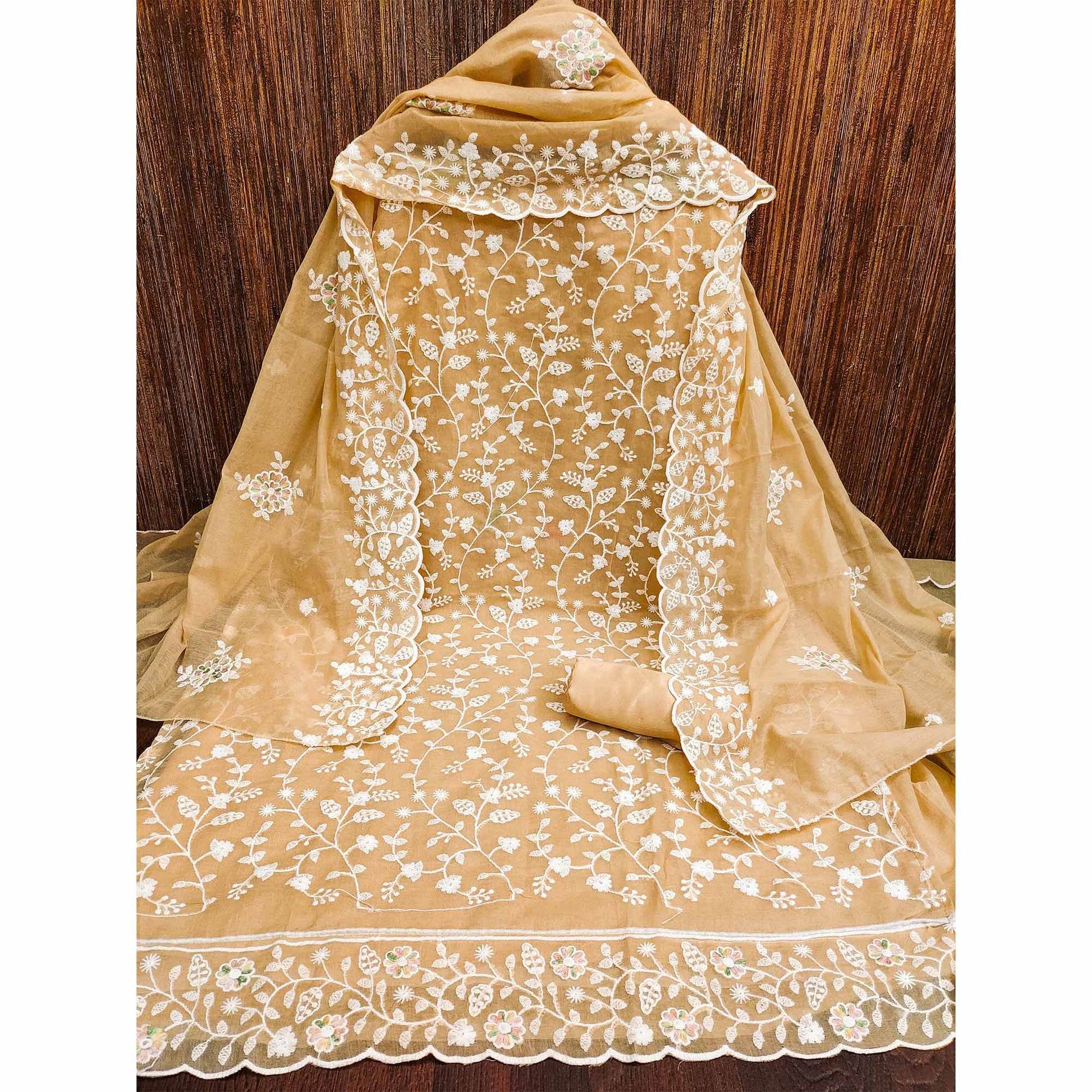 Chikoo Floral Embroidered Chanderi Dress Material