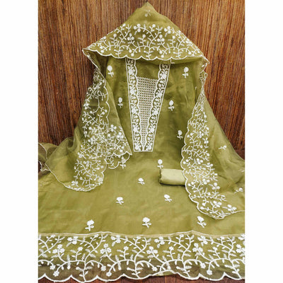Mehendi Green Floral Embroidered Organza Dress Material