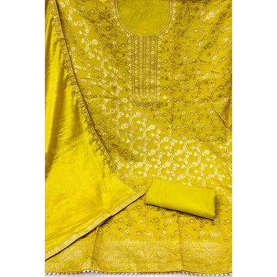 Lemon Green Floral Woven Jacquard Dress Material