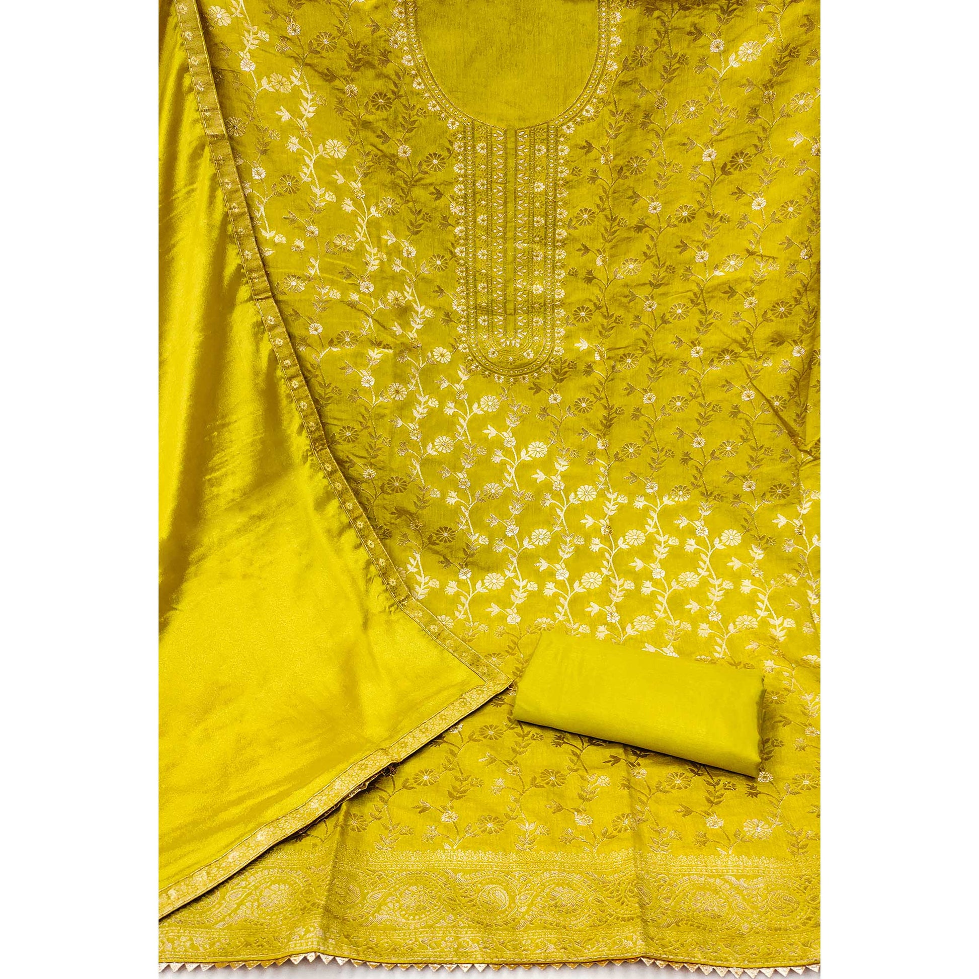 Lemon Green Floral Woven Jacquard Dress Material