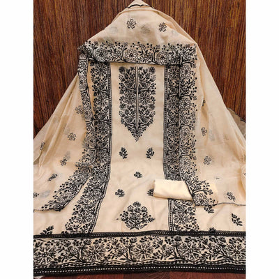 Cream Floral Embroidered Chanderi Dress Material