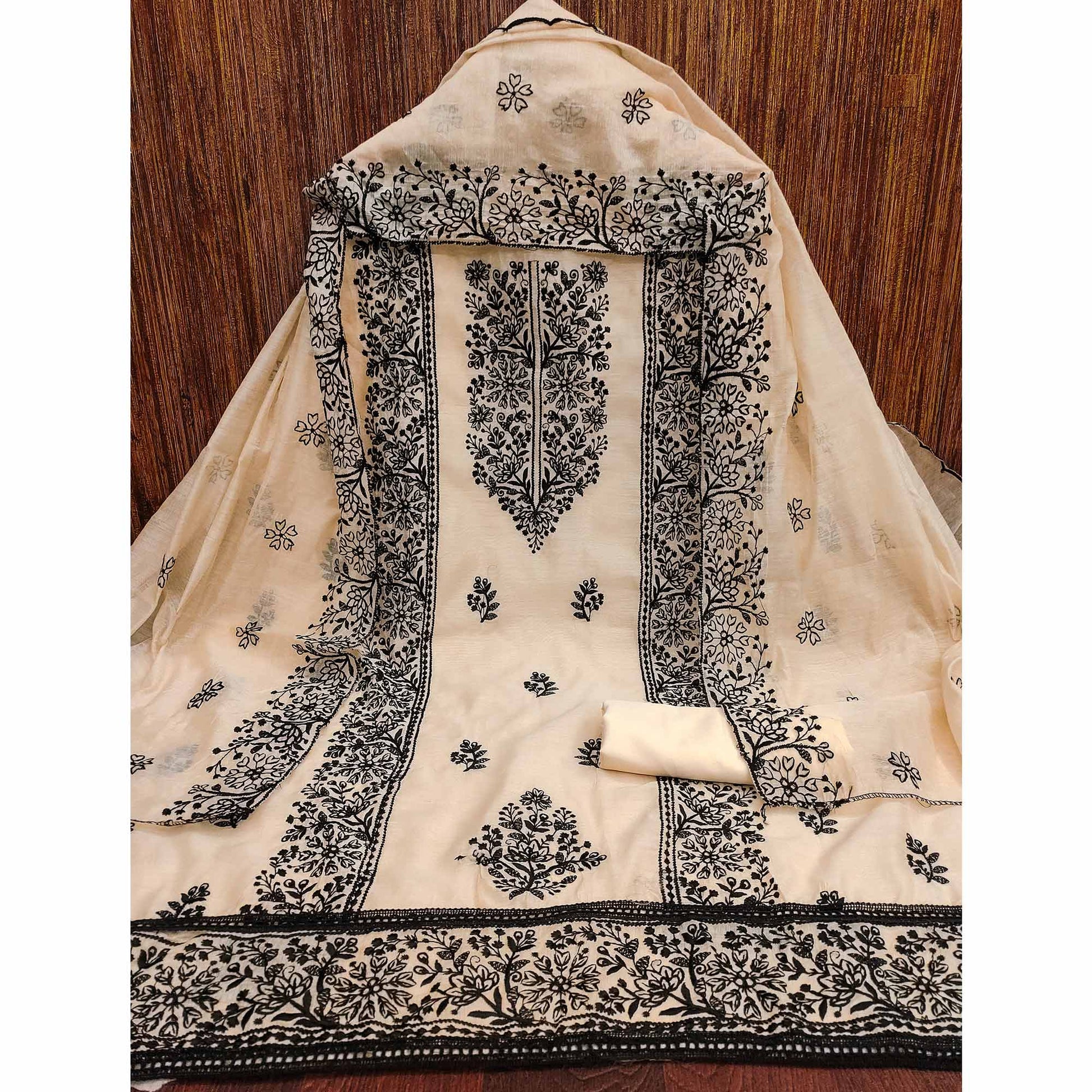 Cream Floral Embroidered Chanderi Dress Material