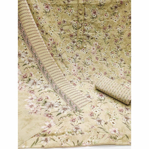 Light Yellow Floral Printed Cotton Blend Dress Material
