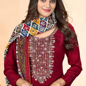 Maroon Embroidery With Diamond Rayon Dress Material