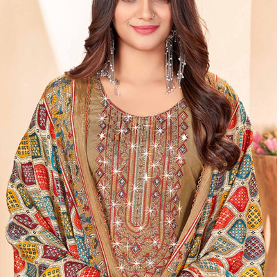 Chikoo Embroidery With Diamond Rayon Dress Material