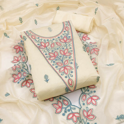 Cream Floral Embroidered Chanderi Dress Material