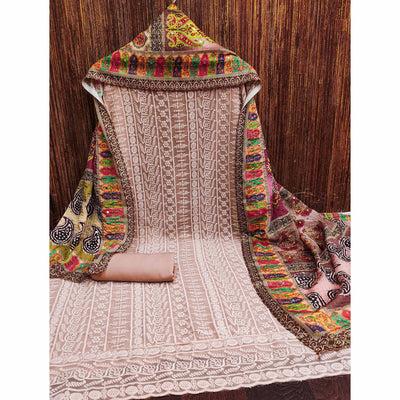 Coffee Brown Floral Chikankari Work Georgette Dress Material