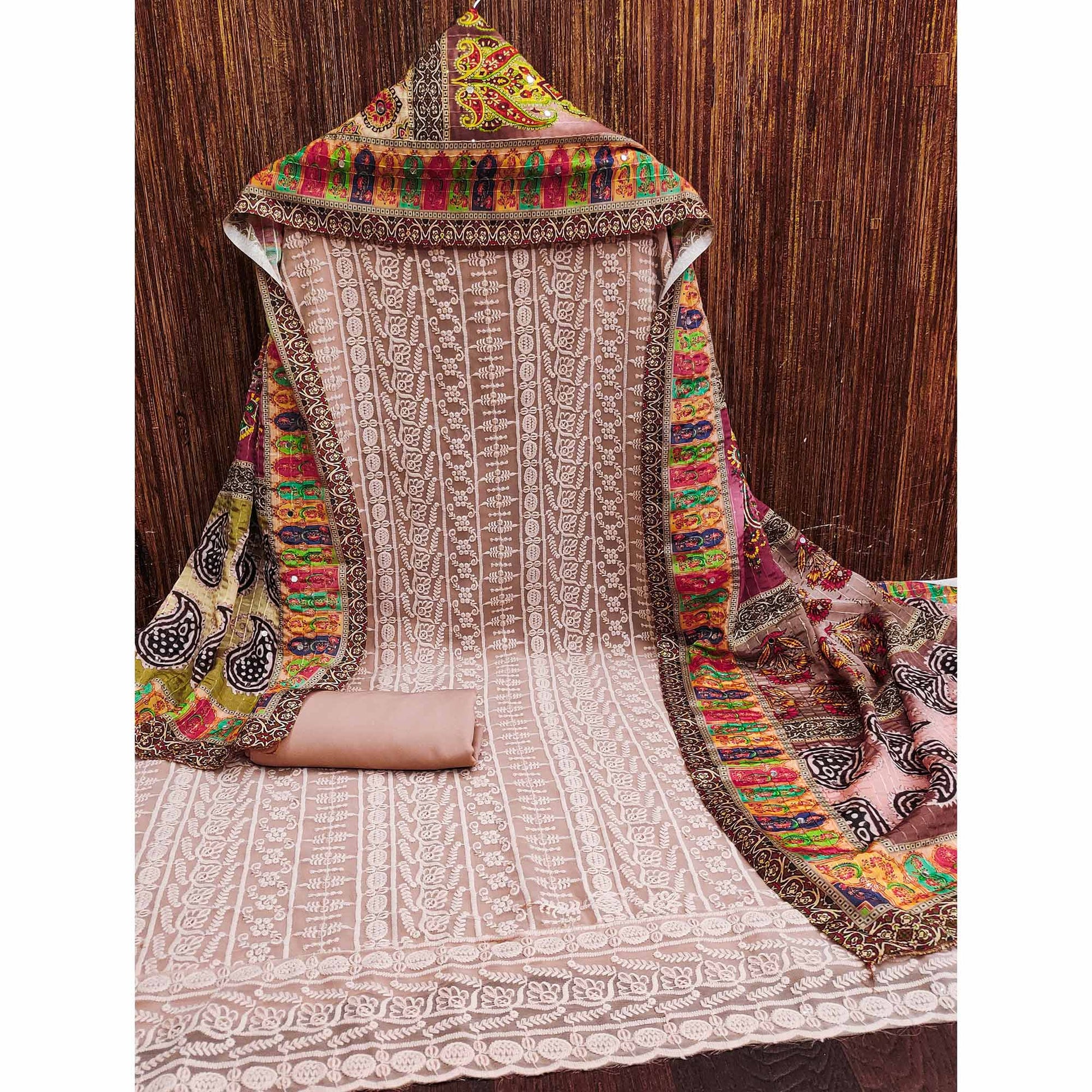 Coffee Brown Floral Chikankari Work Georgette Dress Material