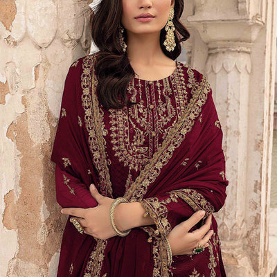 Maroon Floral Sequins Embroidered Georgette Semi Stitched  Suit