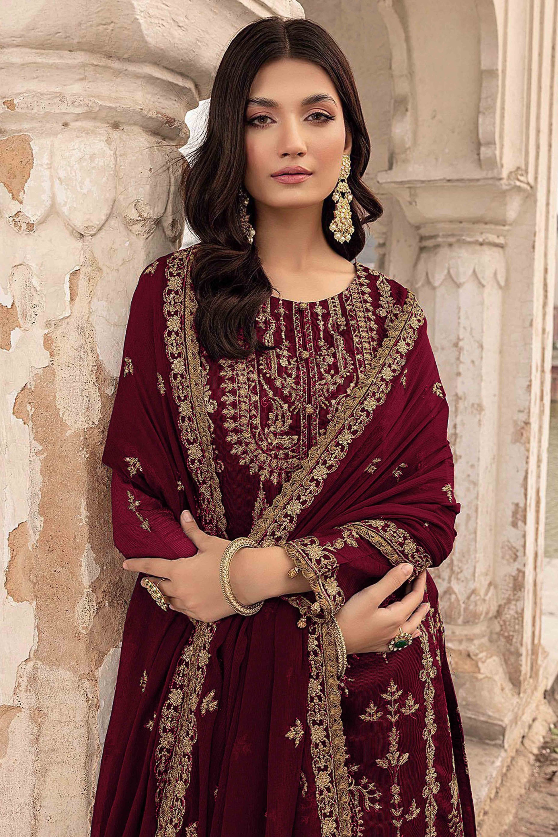 Maroon Floral Sequins Embroidered Georgette Semi Stitched  Suit