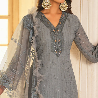Grey Sequins Embroidered Georgette Semi Stitched Suit