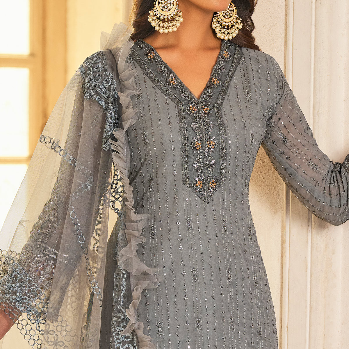 Grey Sequins Embroidered Georgette Semi Stitched Suit