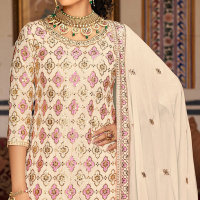 Cream Sequins Embroidered Georgette Semi Stitched Suit
